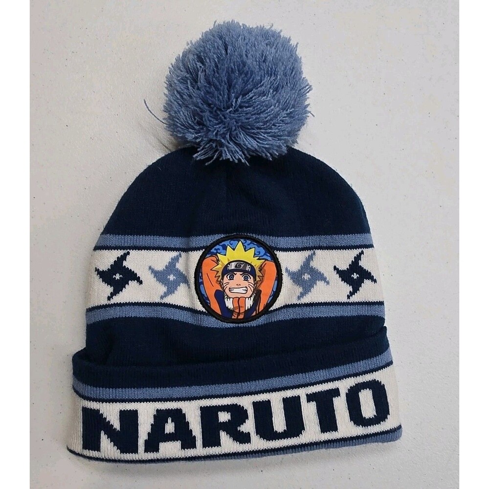 Naruto Anime Retro Beanie Pom Pom Top Blue White Knit Winter Hat Youth One Size